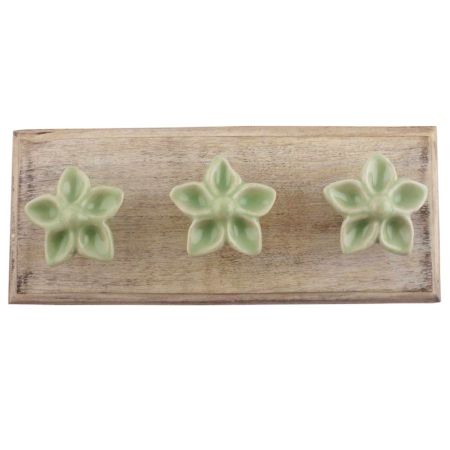 Pea Green Ceramic Flower Wooden Hooks